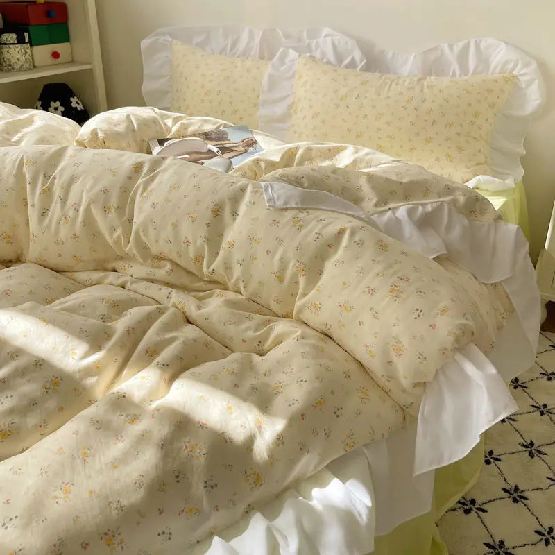 DecorBites™ Korean Lace Bedding Set, Full Double Size, Washed Cotton, Soft Bedclothes