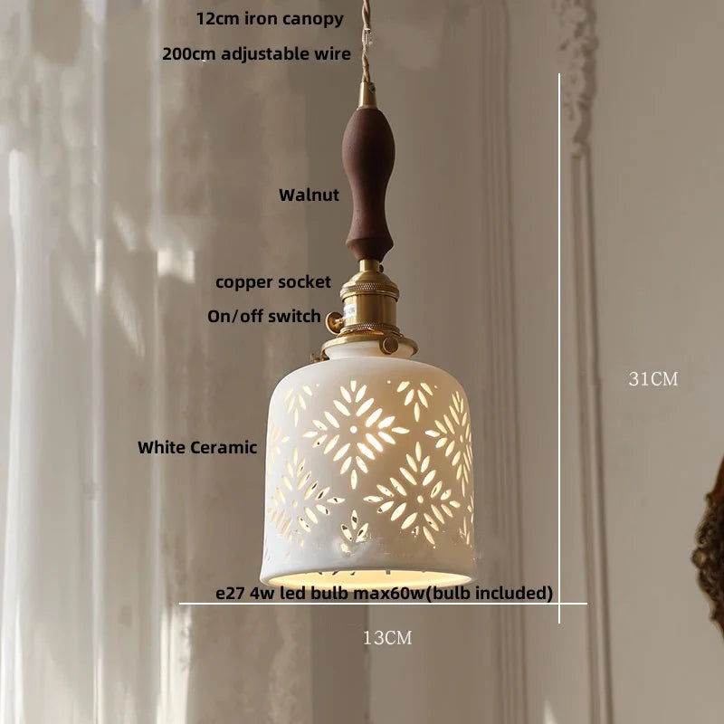 DecorBites™ Brown Wood LED Pendant Light - Nordic Modern White Ceramic Hanging Lamp