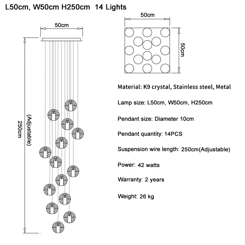 DecorBites™ Crystal Ball LED Chandelier Pendant Light for Living Room Kitchen Stair Salon
