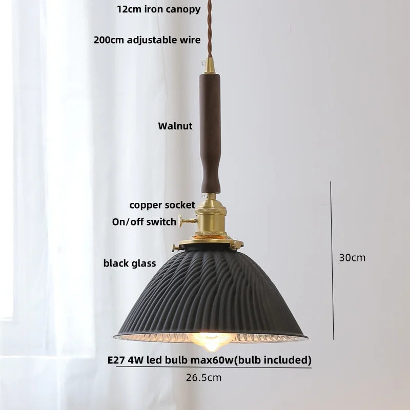 DecorBites™ Amber Glass LED Pendant Lamp with Walnut Wood Accent - Modern Nordic Hanging Light