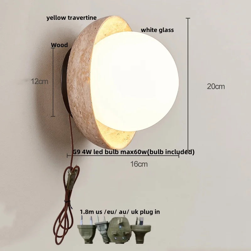 DecorBites™ LED Wall Light: Nordic Modern Design with White Glass & Yellow Travertine Wood