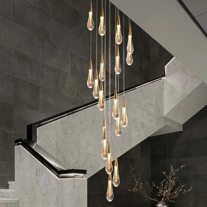 DecorBites™ Crystal Teardrop Chandelier Staircase LED Pendant Light, Gold Living Room Decor