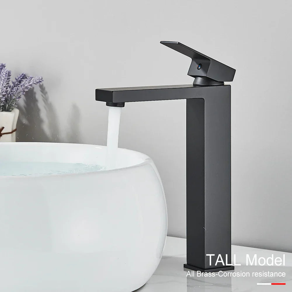 DecorBites™ Black Brass Square Basin Faucet: Bathroom Washbasin Mixer Tap, Single Handle Tall Model.