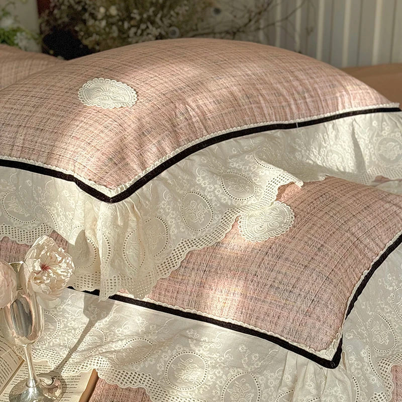DecorBites™ French Lace Ruffles Lattice Bedding Set 1000TC Egyptian Cotton Duvet Cover Sheets Pillows