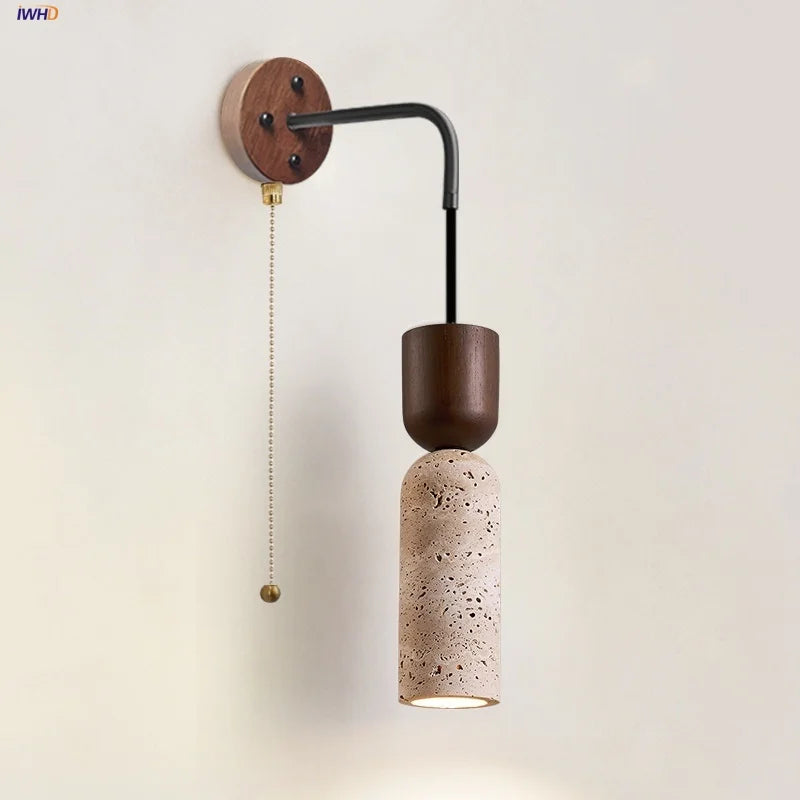 DecorBites™ LED Wall Lamp Pull Chain Switch Wood Nordic Modern Yellow Travertine Mirror Light