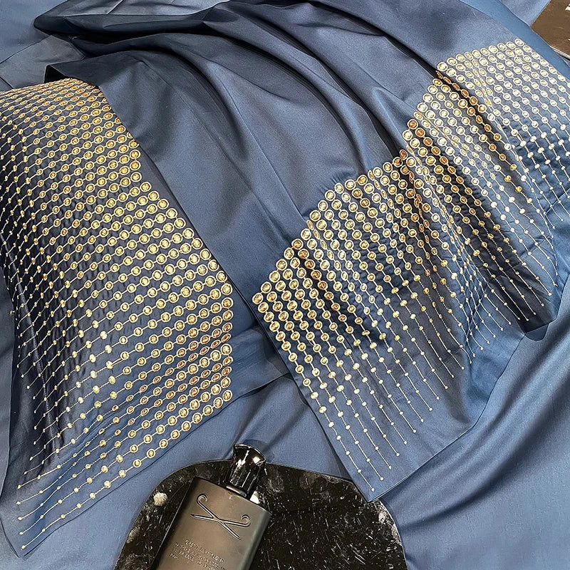 DecorBites™ 1000TC Cotton Embroidery Luxury Bedding Set in Blue White Champagne