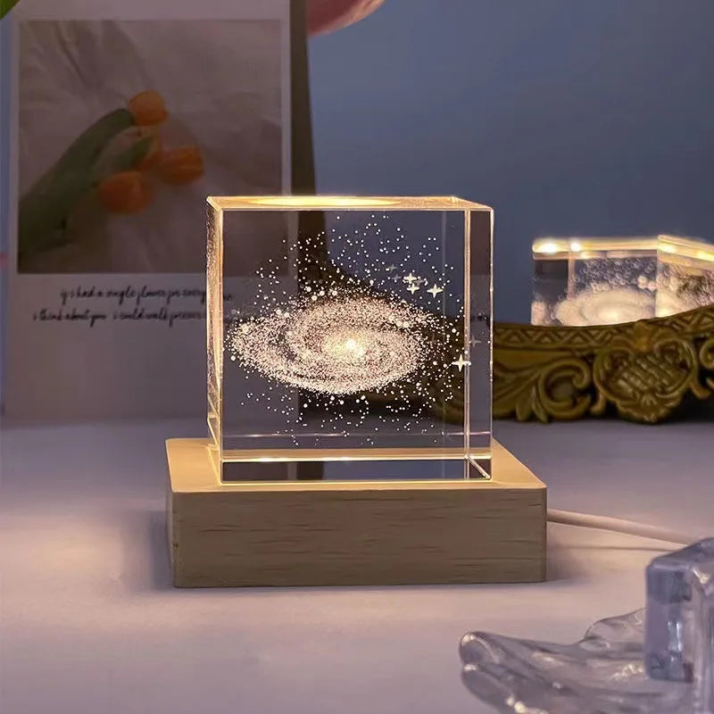 DecorBites™ 3D Moon Solar Galaxy Crystal Glass Cube Night Light Desktop Decor