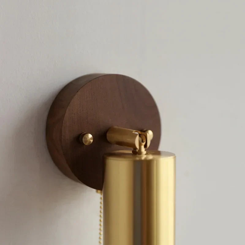 DecorBites™ Copper Lampshade LED Wall Sconce Pull Chain Switch Nordic Modern Walnut Wood Mirror Light