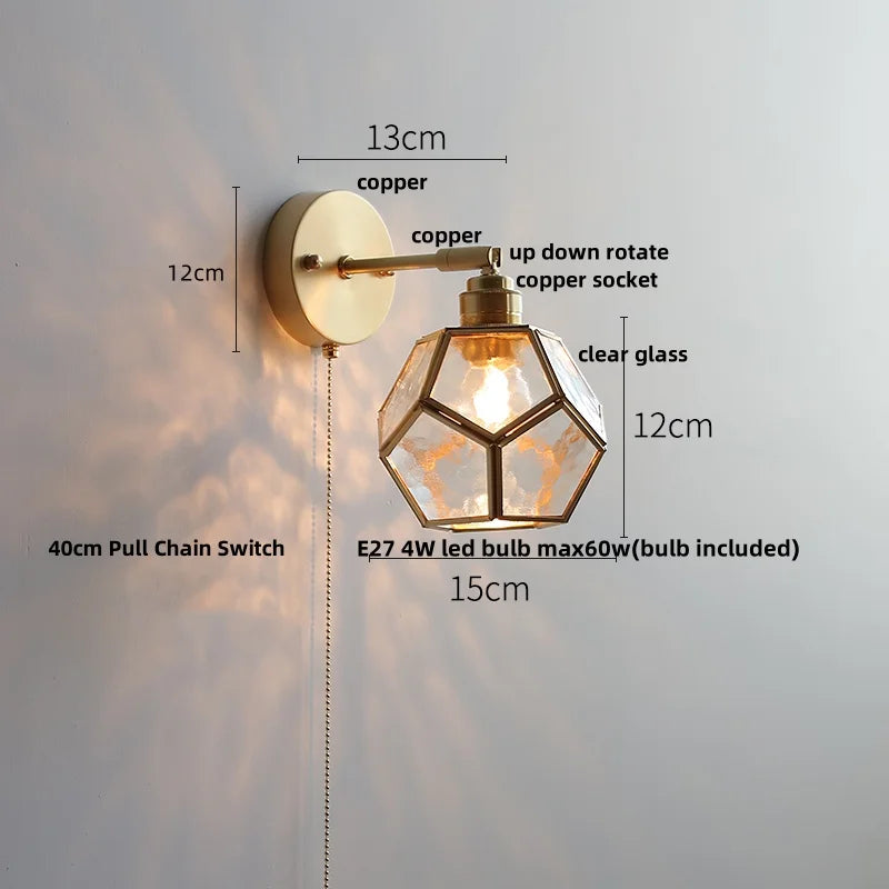 DecorBites™ مصباح حائط LED على الطراز الياباني مع مفتاح سحب زجاجي شفاف ومصباح بجانب السرير