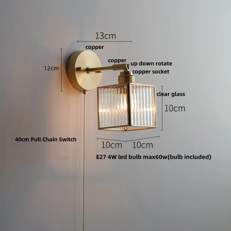 DecorBites™ مصباح حائط LED على الطراز الياباني مع مفتاح سحب زجاجي شفاف ومصباح بجانب السرير