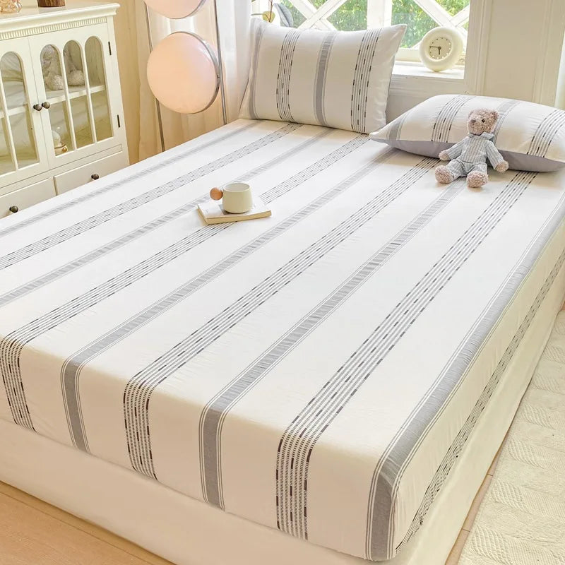 DecorBites™ Cotton Jacquard Fitted Sheet Set with 2 Pillowcases, Dustproof & Anti-Slip