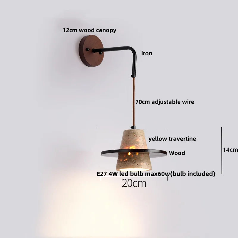 DecorBites™ Copper Wood LED Wall Sconce Yellow Travertine Stone Bedside Light