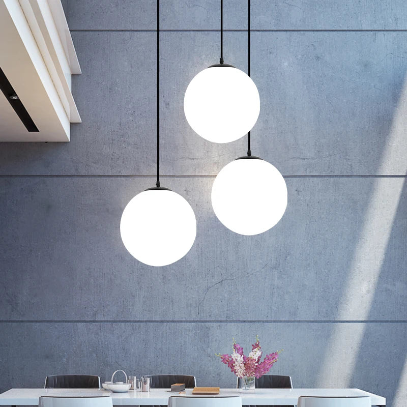 Nordic White Glass Globe Pendant Light With Iron Finish