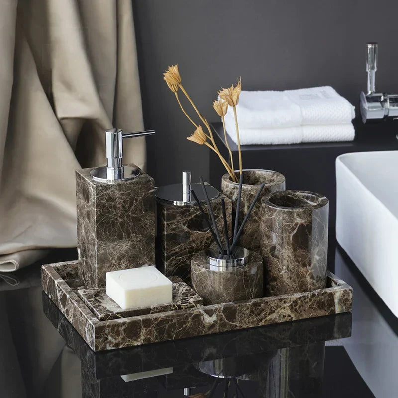 مجموعة حمام رخام إمبرادور دارك من DecorBites™ مع إكسسوارات فاخرة