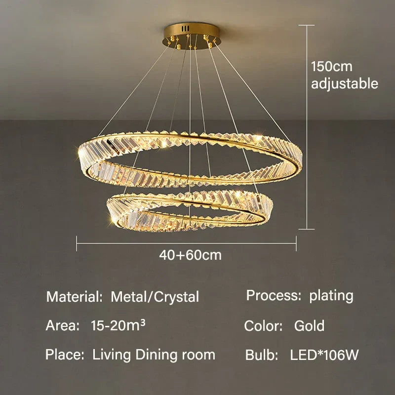 ثريا قلادة كريستال ذهبية بتقنية LED من DecorBites™ لإنارة غرف المعيشة والطعام الفاخرة والديكور