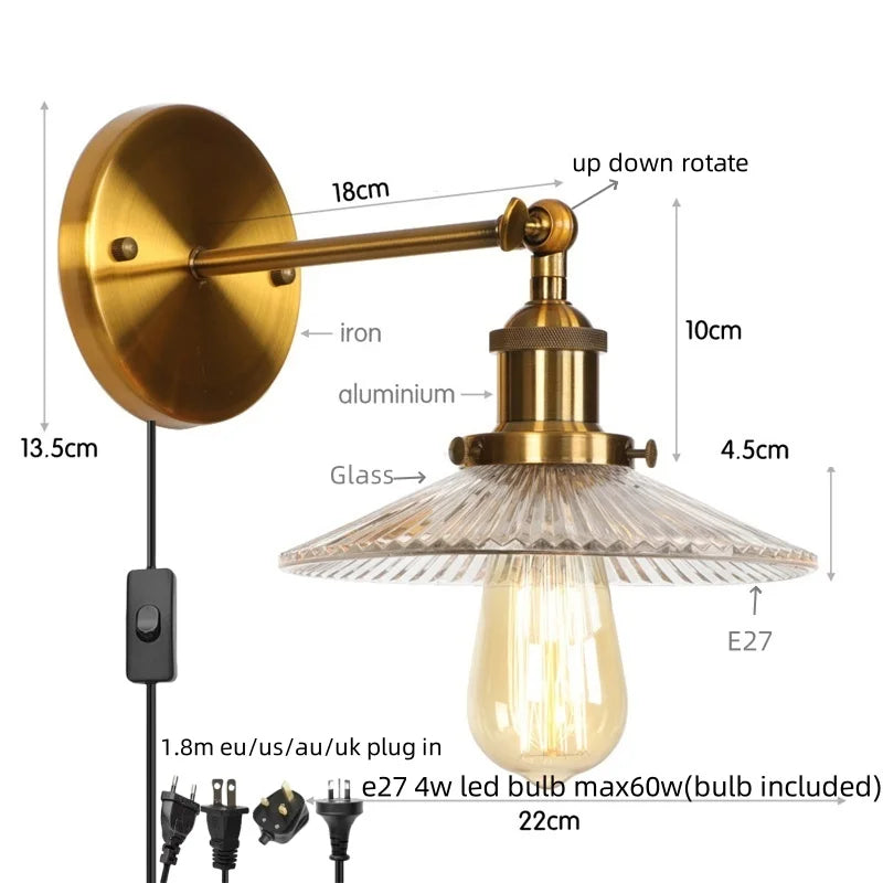مصابيح حائط LED صناعية لوفت من DecorBites™ لغرفة النوم، مصباح درج بقابس