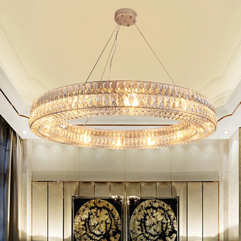 ثريا ذهبية بتصميم حلقة كريستال K9 مع إضاءة LED من DecorBites™ لديكور المنزل