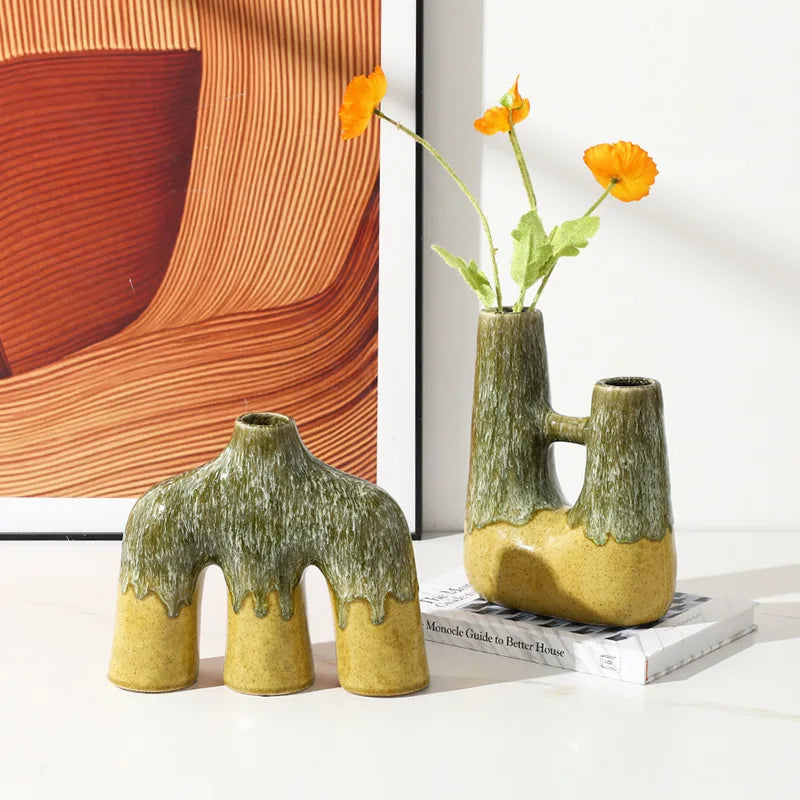 DecorBites™ Abstract Kiln-changing Glaze Ceramic Vase for Home Decor and Floral Arrangement