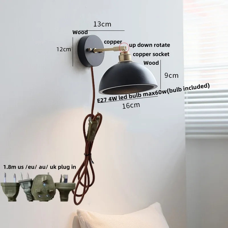 DecorBites™ Black Wood LED Wall Light with Pull Chain Switch, Rotating Japanese Style Bedside Lamp