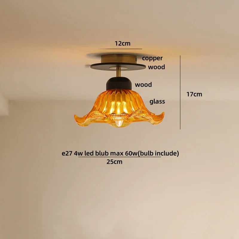 DecorBites™ Amber Ice Crack Glass Wood Ceiling Light - Nordic Modern LED Fixture