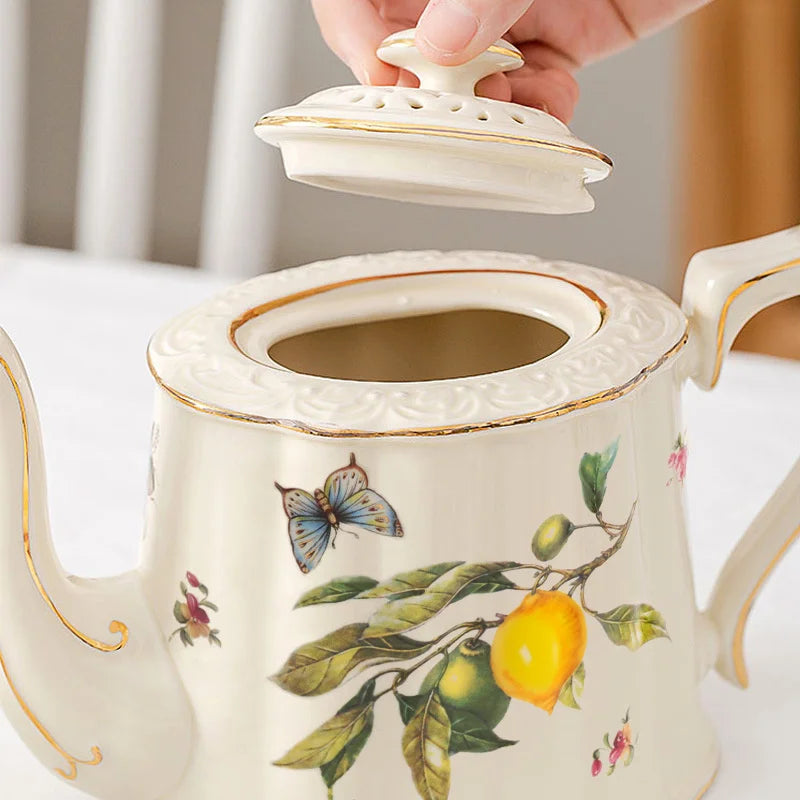 DecorBites™ Service à café/thé bord doré : Théière Citron, Mug, Assiettes en Céramique et Vaisselle