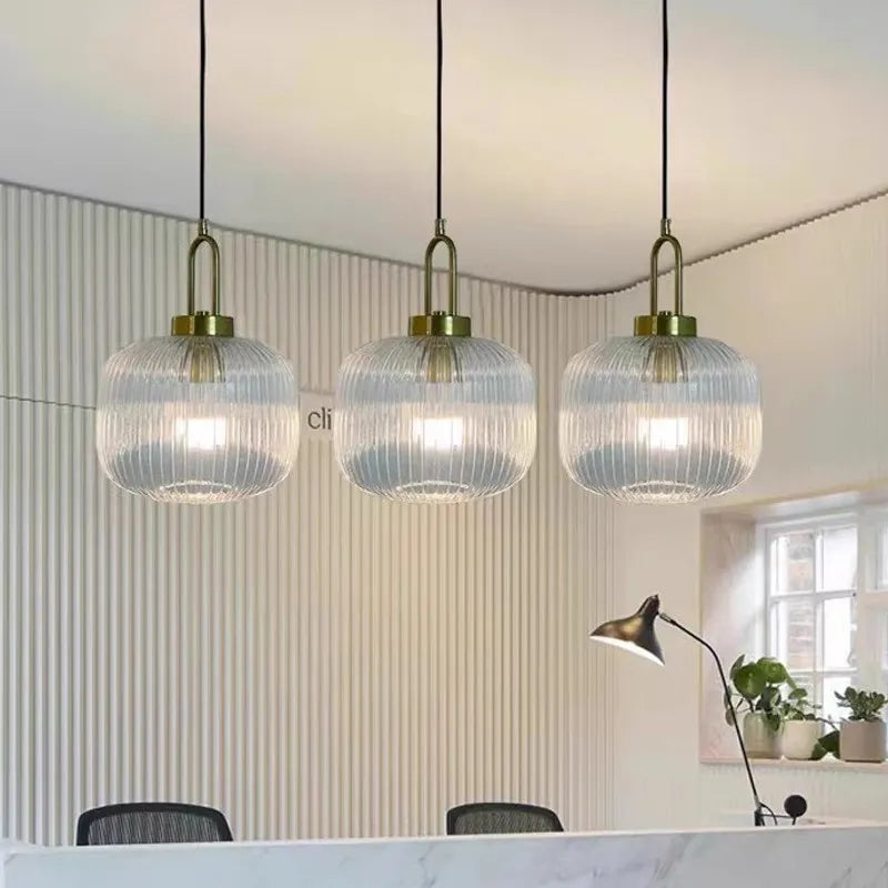 Modern Striped Glass Pendant Light in Transparent Milk White