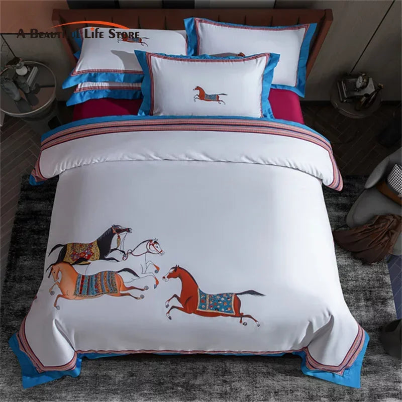 DecorBites™ Galloping Horse 1000TC Egyptian Cotton Bedding Set: Duvet, Sheet, Pillowcases - Soft & Comfy