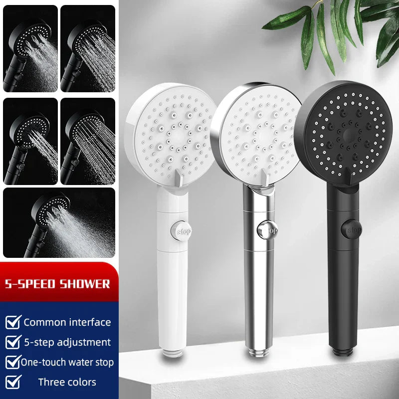 DecorBites™ 5-Function Shower Head with Stop Button, 10cm Panel, Silicone Gel Holes