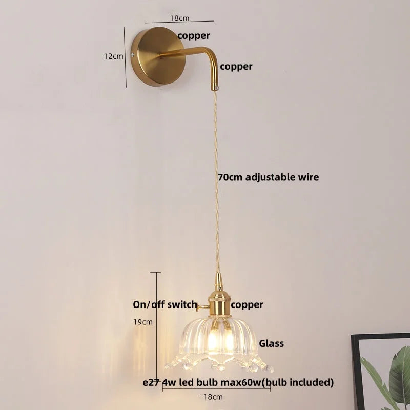 مصابيح جدارية نحاسية زجاجية DecorBites™ LED | مفتاح بسلسلة سحب | مصباح حمام قابل للتعديل
