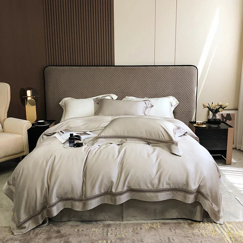 طقم مفروشات فاخر من الليوسل الأوكالبتوس DecorBites™ باللون الأبيض الشامباني الرمادي الوردي