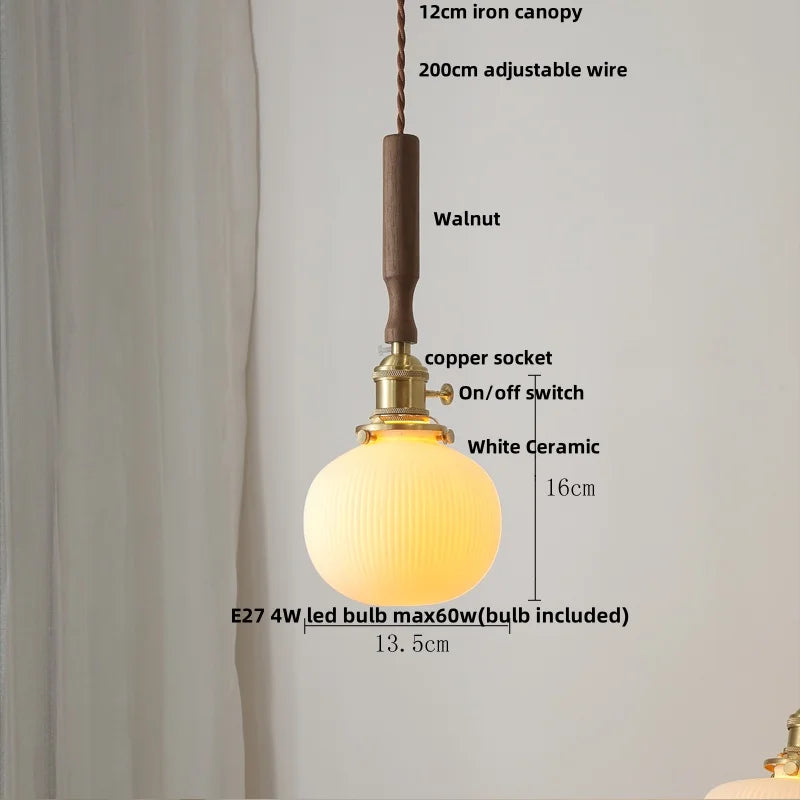 DecorBites™ Amber Glass LED Pendant Light, Nordic Modern Design, Walnut Wood, Dining Living Room Lighting