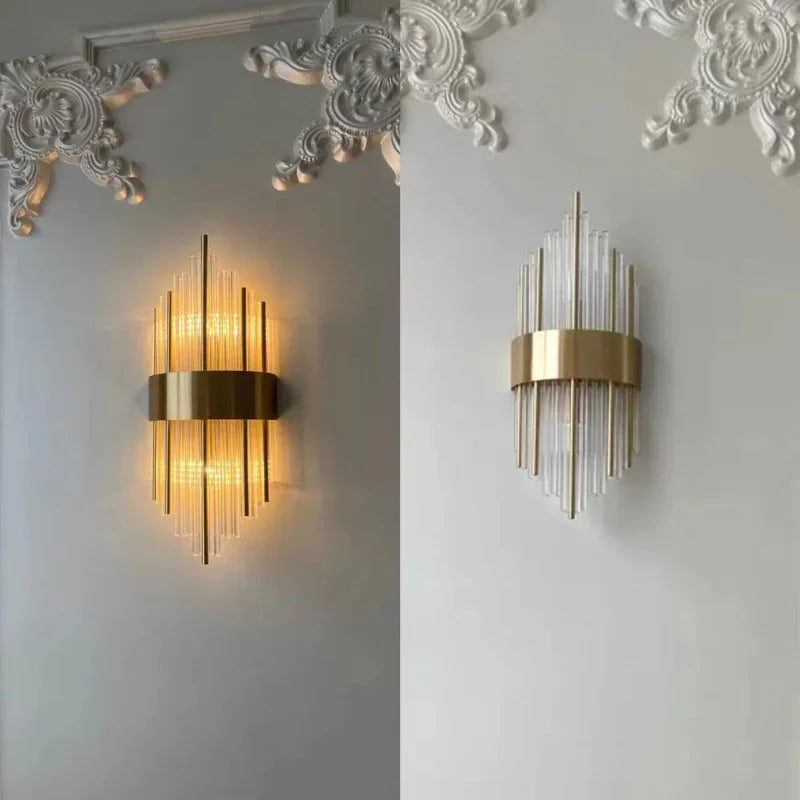 DecorBites™ مصباح حائط زجاجي كريستالي ذهبي لديكور غرف النوم الفاخرة