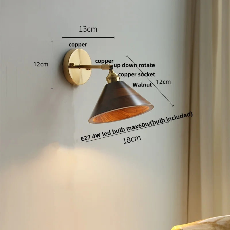 DecorBites™ LED Walnut Wood Wall Sconce Pull Chain Switch Modern Japanese Style Mirror Light