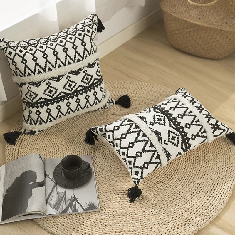 DecorBites™ Geometric Tufted Cotton Woven Cushion Cover 45x45cm for Home Sofa Bed Decor