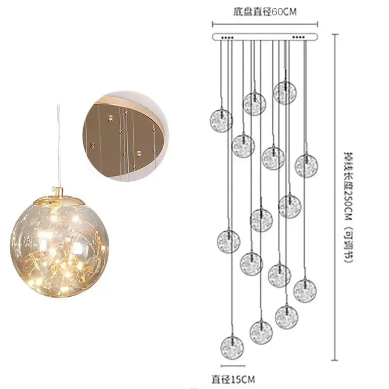 ثريا زجاجية ذهبية بإضاءة LED من DecorBites™: تجهيزات إضاءة للدرج بتصميم كروي دائري بسيط