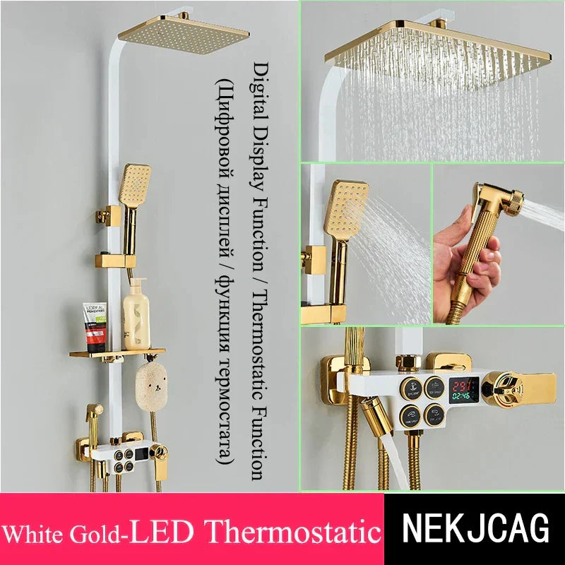 DecorBites™ Digital Display Thermostatic Shower Faucet Set, Rain Shower Column, Wall Mount - Black/Chrome