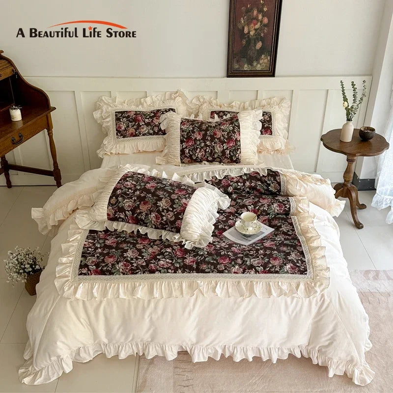 DecorBites™ French Rose Flowers Pattern Bedding Set, 100% Cotton, Ruffles, Duvet Cover, Bed Skirt
