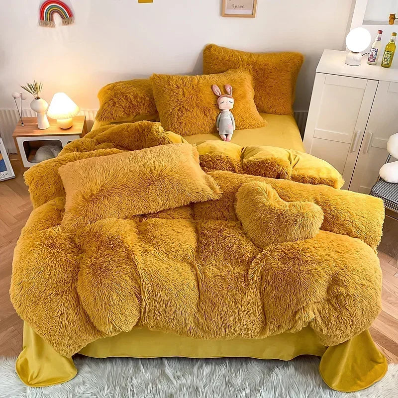 DecorBites™ Fluffy Faux Fur Bedding Set: Duvet Cover, Sheet, Pillowcase - Soft & Warm