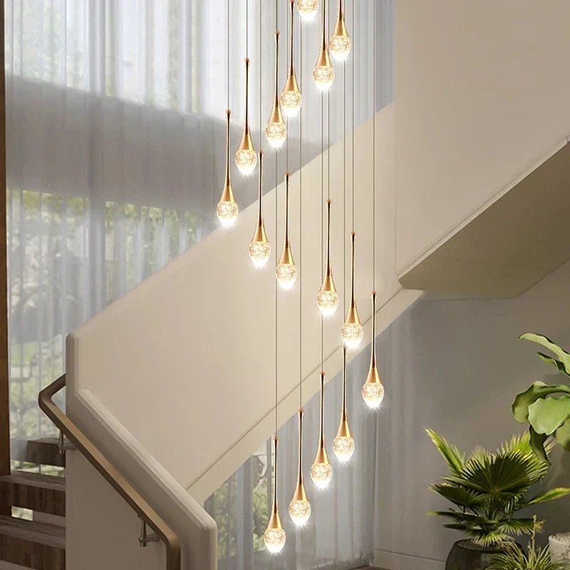 DecorBites™ Crystal LED Staircase Chandelier - Gold Pendant Lamp for Living Room & Lobby