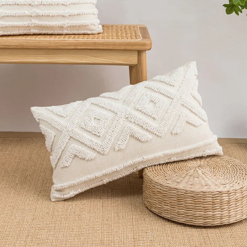 DecorBites™ Geometric Embroidery Tassel Cushion Cover - Grey White Simple Loop Tufted Pillow