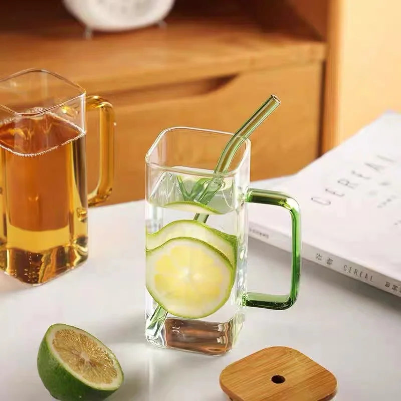 DecorBites™ 400ml Square Glass Mug with Lid and Straw | Versatile Party Beverage Cup
