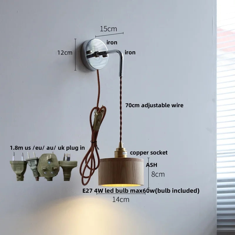 DecorBites™ Ash Wood LED Wall Light with Pull Chain Switch, Japanese Style Bedside Lamp