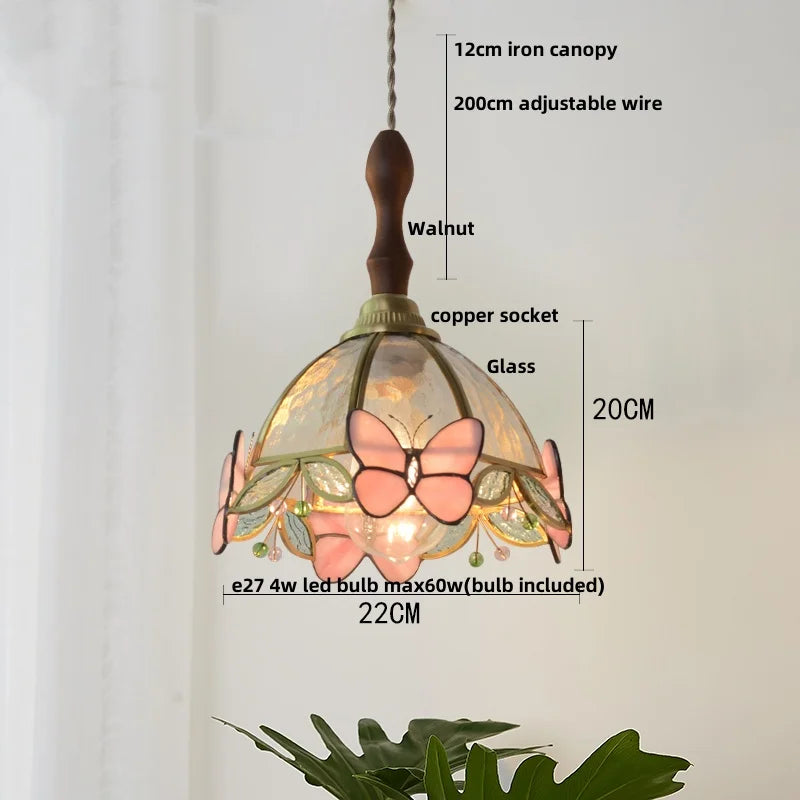 DecorBites™ Butterfly Pink LED Pendant Lamp Walnut Wood Glass Nordic Modern Home Decor
