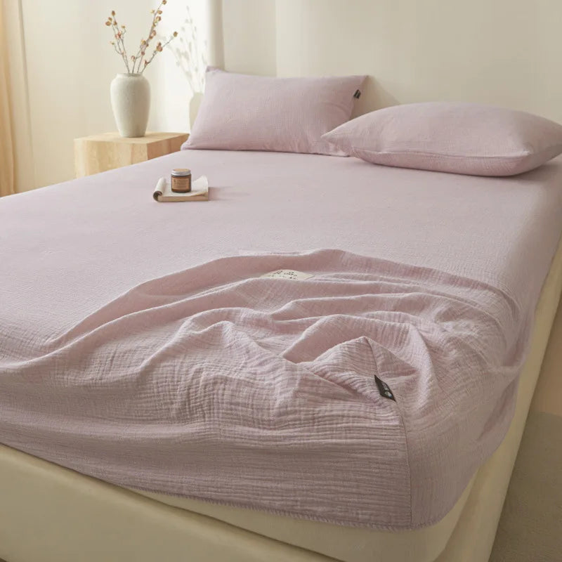 DecorBites™ Cotton Fitted Sheet: Wrinkled Yarn, Nordic Comfort, All Seasons Bed Cover