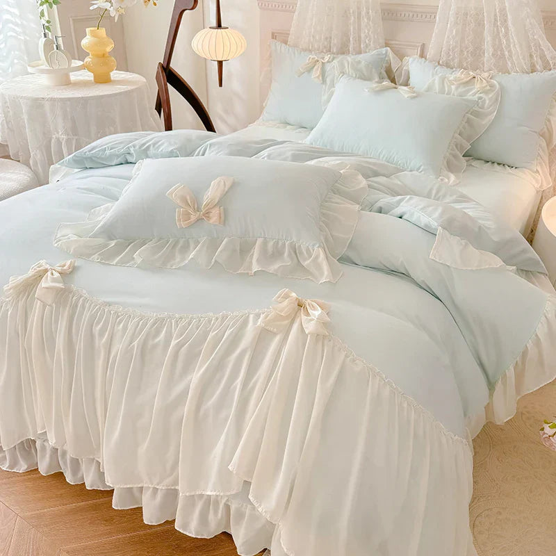 DecorBites™ Korean Lace Bow Bedding Set: Luxury Princess Quilt Cover for Girls Wedding Home Textiles