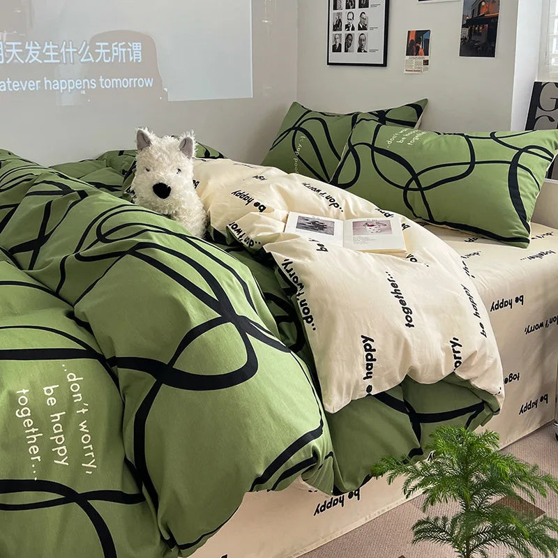 DecorBites™ Grid Print Cotton Bedding Set for Single Double Beds