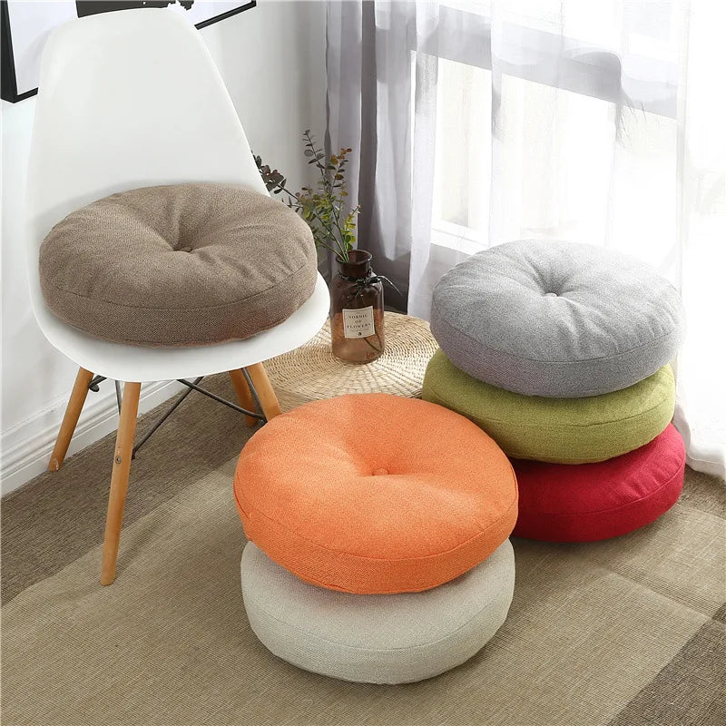 DecorBites™ Grey Linen Round Floor Pillow Seating Cushion with Zippered Cover Pouf