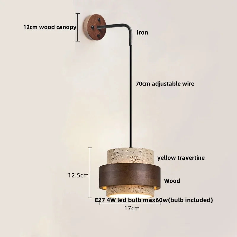 DecorBites™ Copper Wood LED Wall Sconce Yellow Travertine Stone Bedside Light