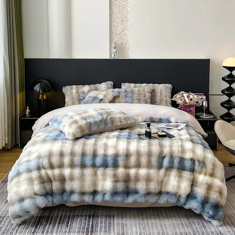 طقم مفروشات فرو الأرنب الصناعي المتدرج من DecorBites™ - أغطية لحاف قطيفة فاخرة ودافئة وأطقم لحاف