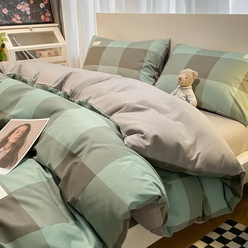 طقم مفروشات سرير قطني بطبعة شبكية يابانية من DecorBites™ مقاس كوين/كينغ لنوم مريح